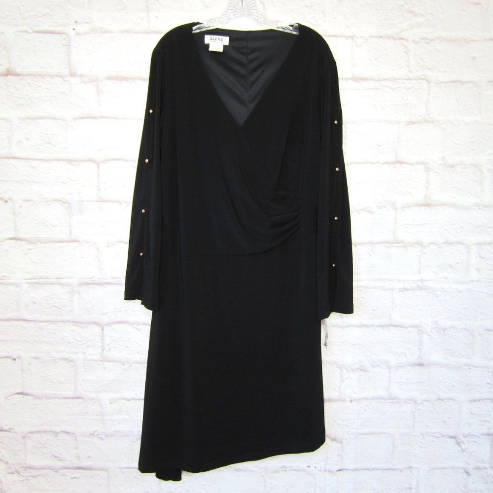 Donna Ricco Scene Woman's size 1X Black Faux Wrap Dress w/ Asymmetrical Hemline